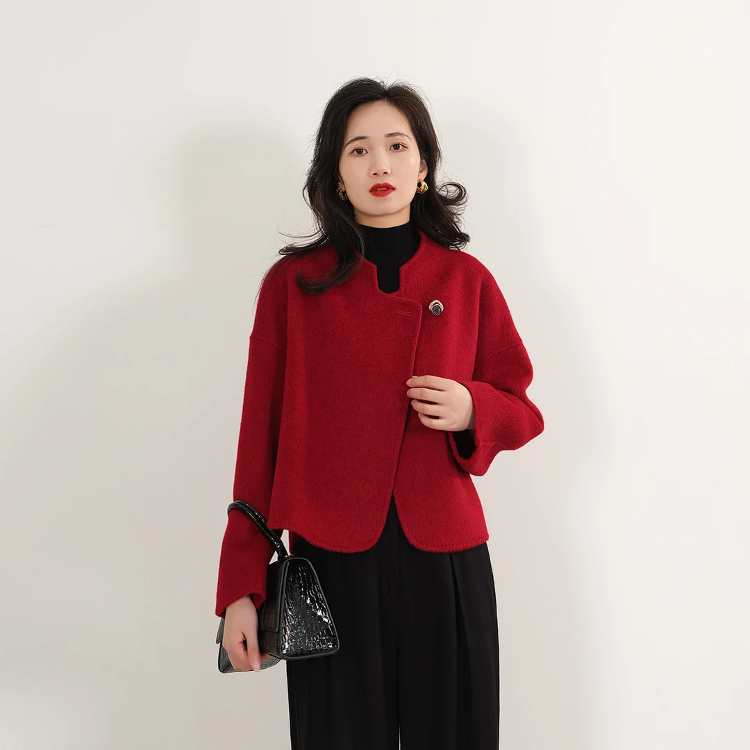EKNR100%羊毛新中式国风双面羊毛大衣女宽松洋气立领小个子双面呢