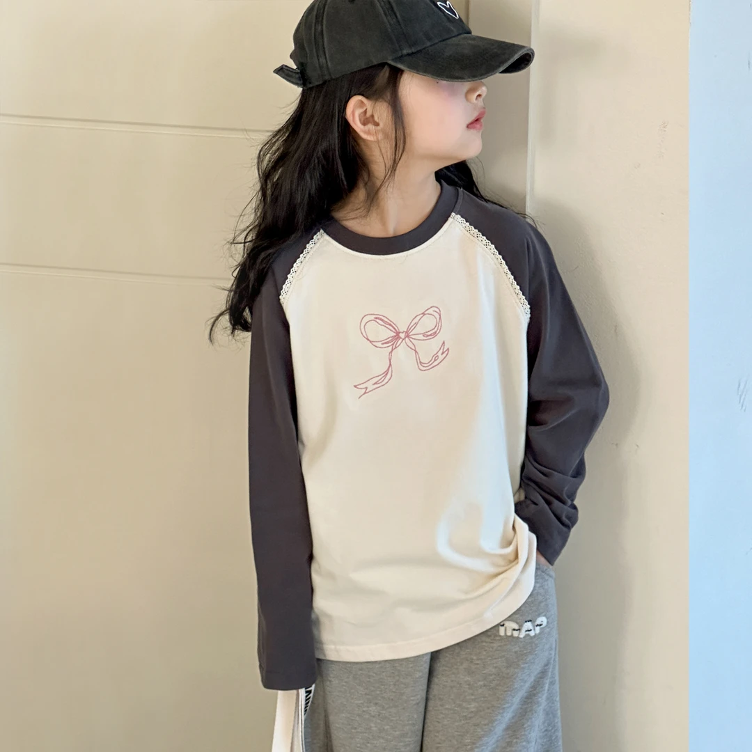 女童长袖T恤秋装2025新款儿童洋气打底衫女孩插肩袖大童秋季上衣