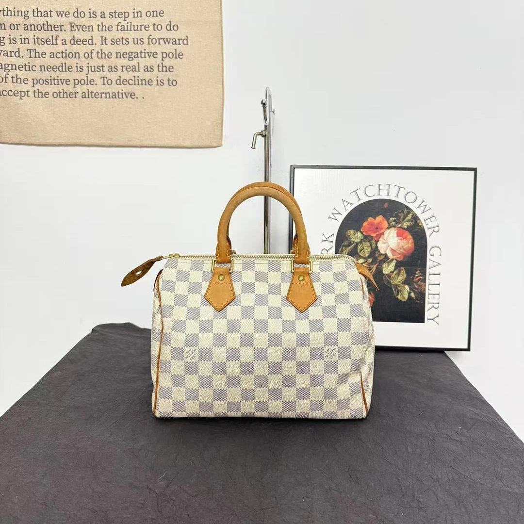 95新 LouisVuitton/路易威登 古登中古/LV白棋盘格speedy25手提款