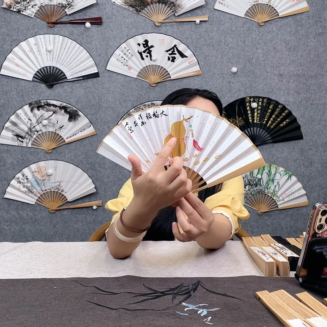 国画6寸玉竹-纯手绘-文玩扇骨（默认粘好）