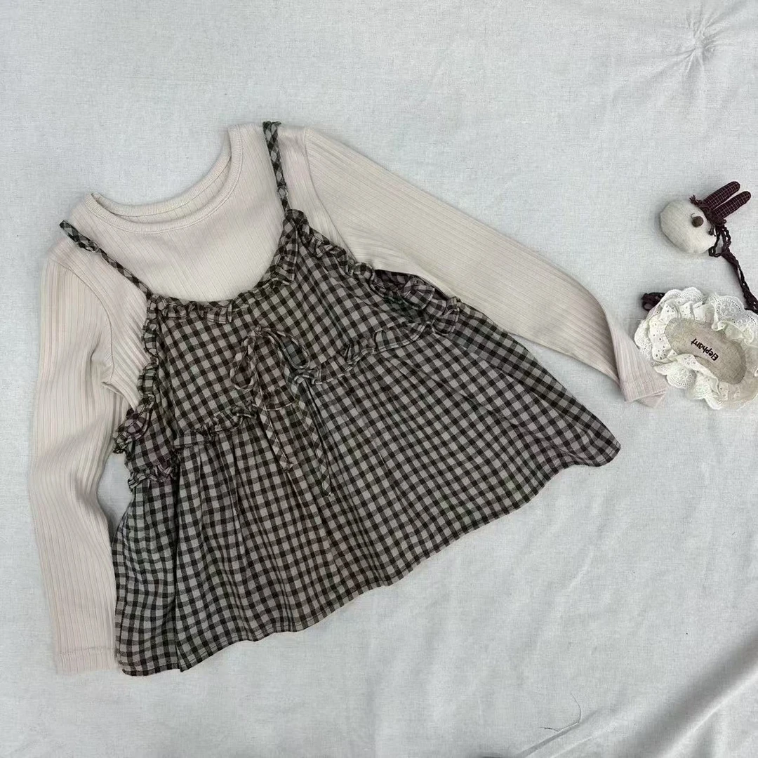 〖姐姐家〗2025春款儿童韩版真两件打底娃娃+吊带格子罩衫sy3418