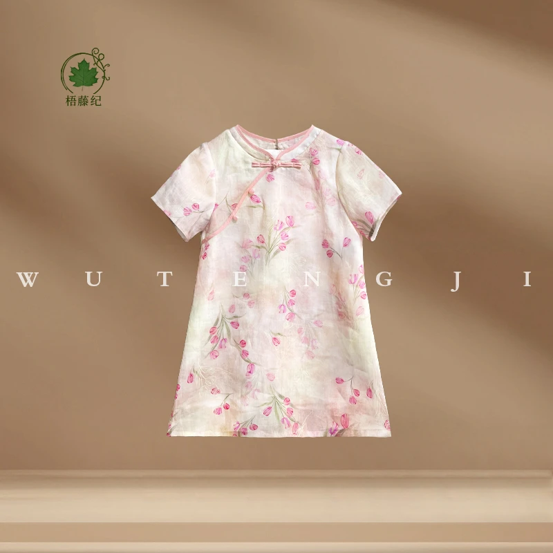 现货【万晴】2025夏季新款国风女童粉色系花卉盘扣连衣裙25XT768