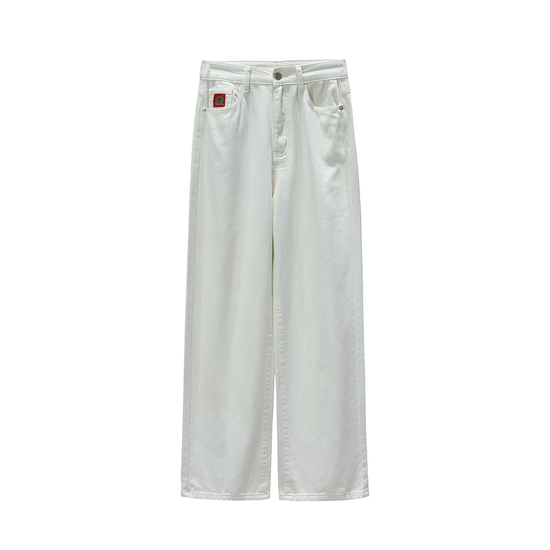 【韩哥女装】设计师《屋上春鸠鸣》米杏色高腰刺绣直筒牛仔裤5937A