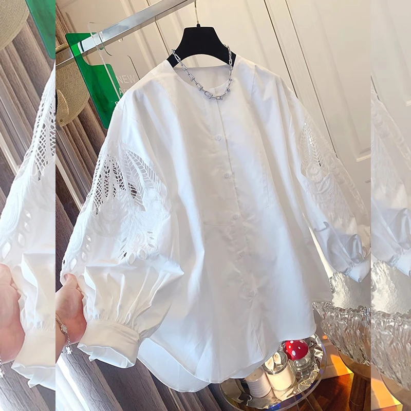 早春新款镂空灯笼袖长袖圆领衬衫上衣女装胖MM大版宽松显瘦衬衣潮