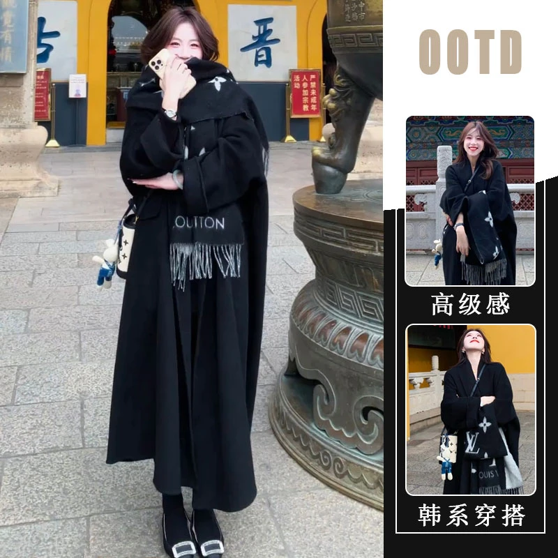 25秋冬新款时尚百搭氛围感气质大衣微胖mm小香风高级感黑色外套女