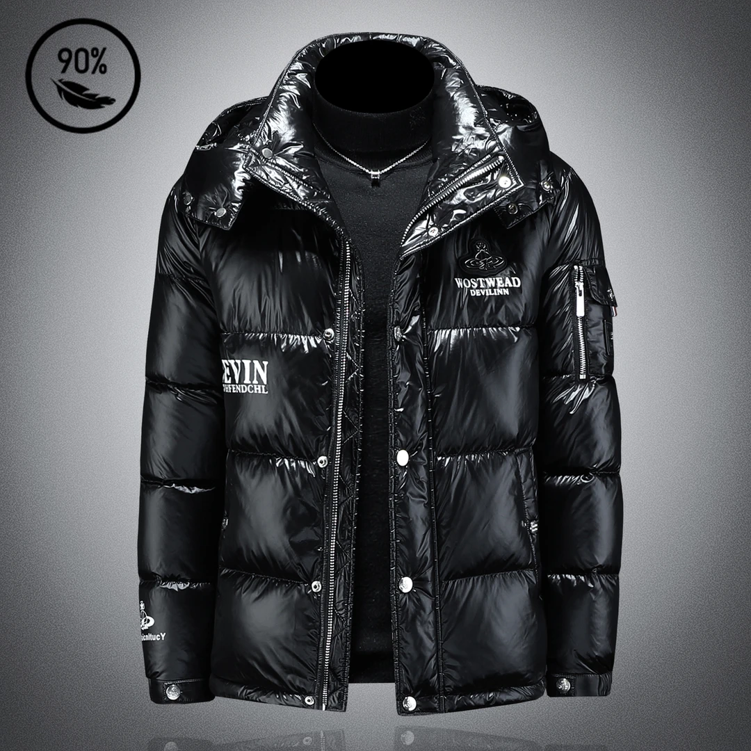 KANMALENLY/肯梅灵列高端连帽亮面羽绒服男90%白鸭绒防风加厚冬装