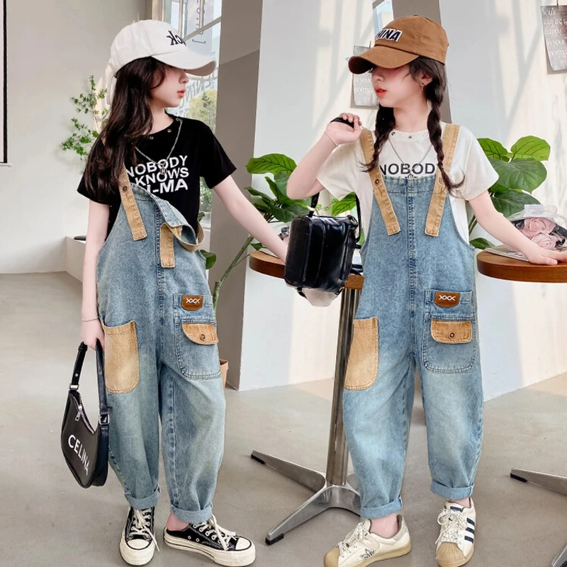 女童背带裤2024新款儿童时尚夏季牛仔裤女孩上衣大童炸街裤子套装