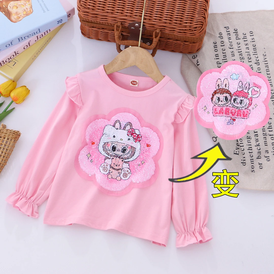 女童长袖T恤双面变色亮片爆款公主中大童棉质上衣儿童秋装打底衫