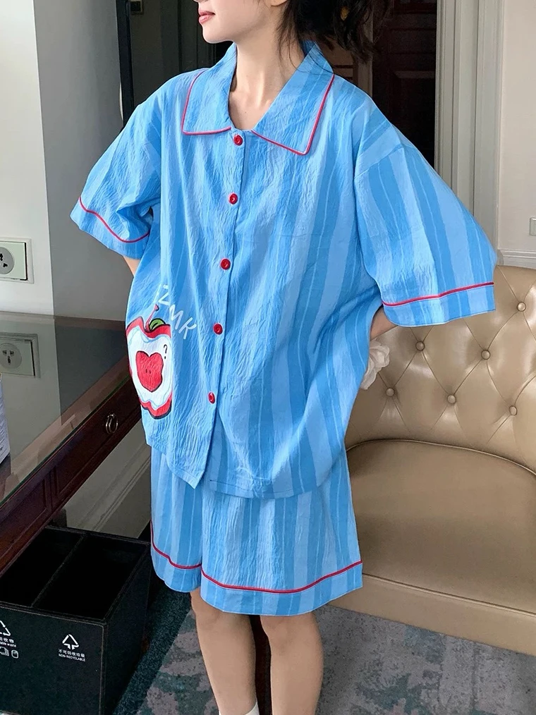 2025蓝色条纹翻领短袖短裤夏季薄款舒适宽松显白可外穿睡衣家居服