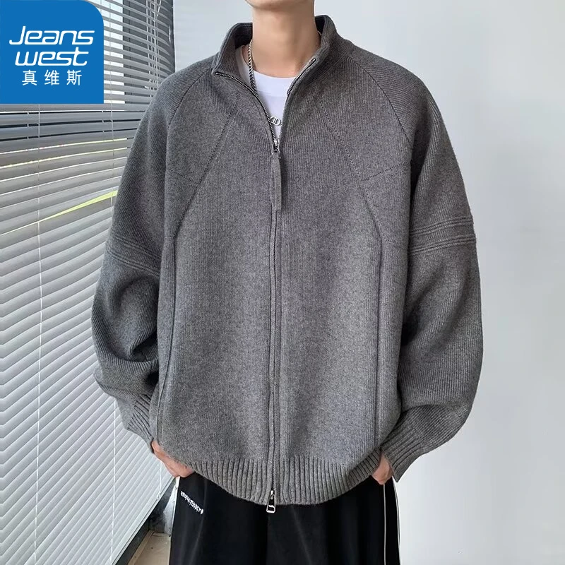 真维斯立领双拉链毛衣男秋冬季美式休闲针织衫宽松潮牌开衫外套