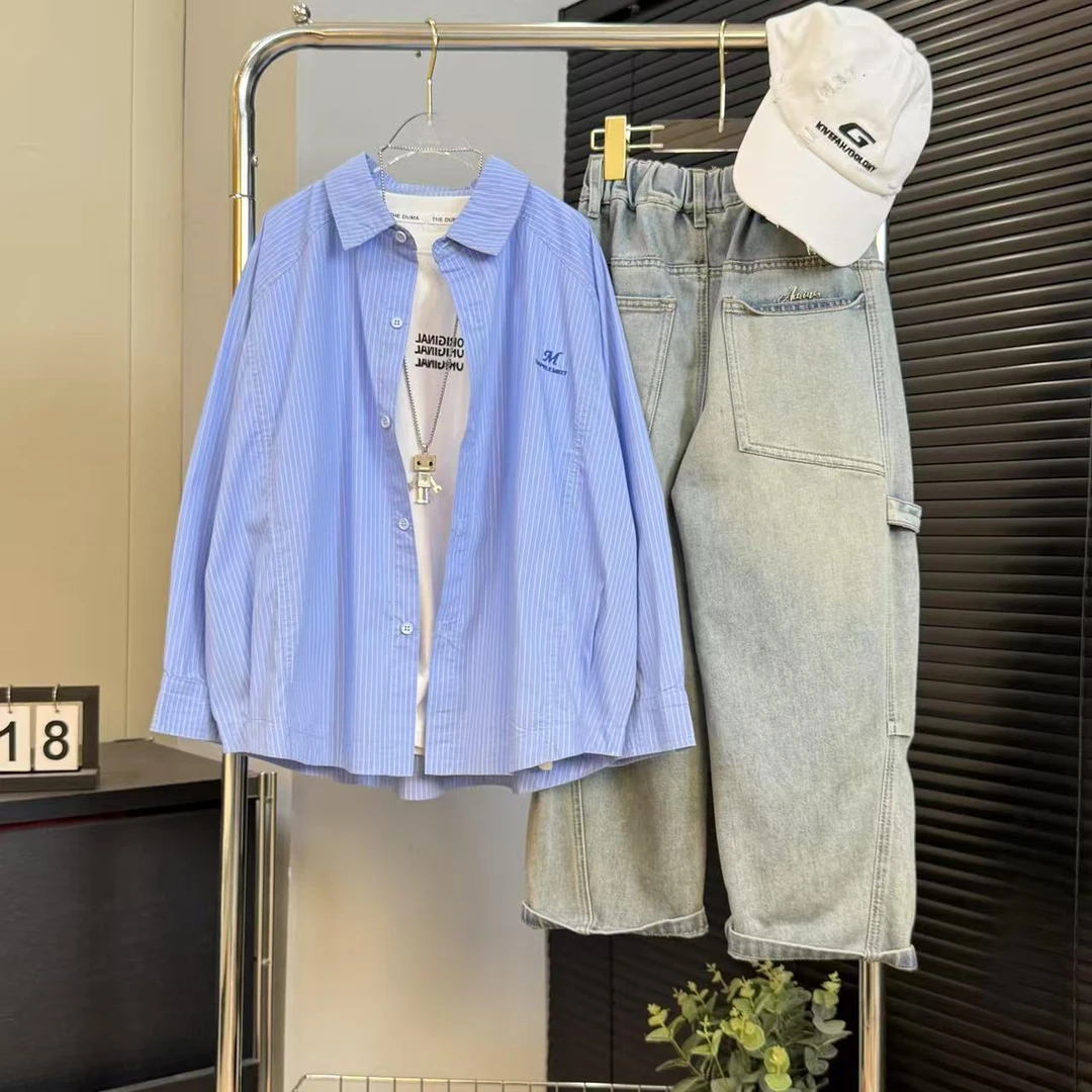 【嘟妈童装】2025男童新款条纹衬衫中大儿童时尚外套7966