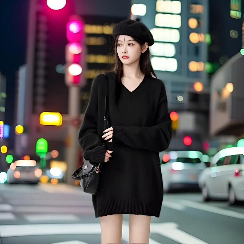 秋冬新款时尚大码女士宽松中长款女纯色慵懒针织打底衫遮肉毛衣裙