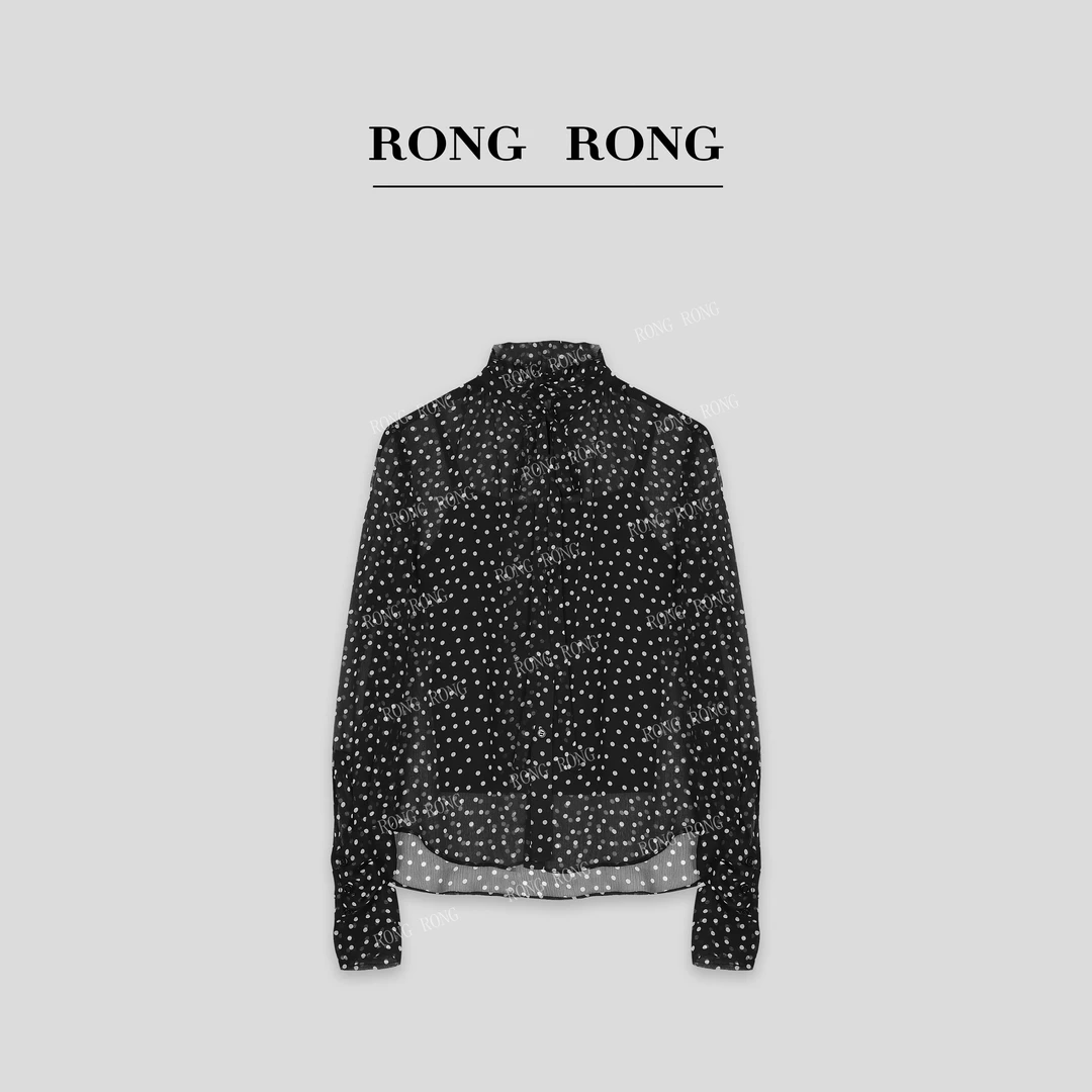 溶溶J【薄如蝉翼】RONGRONG 荷叶边领口雪纺波点飘带衬衫 C-S210732