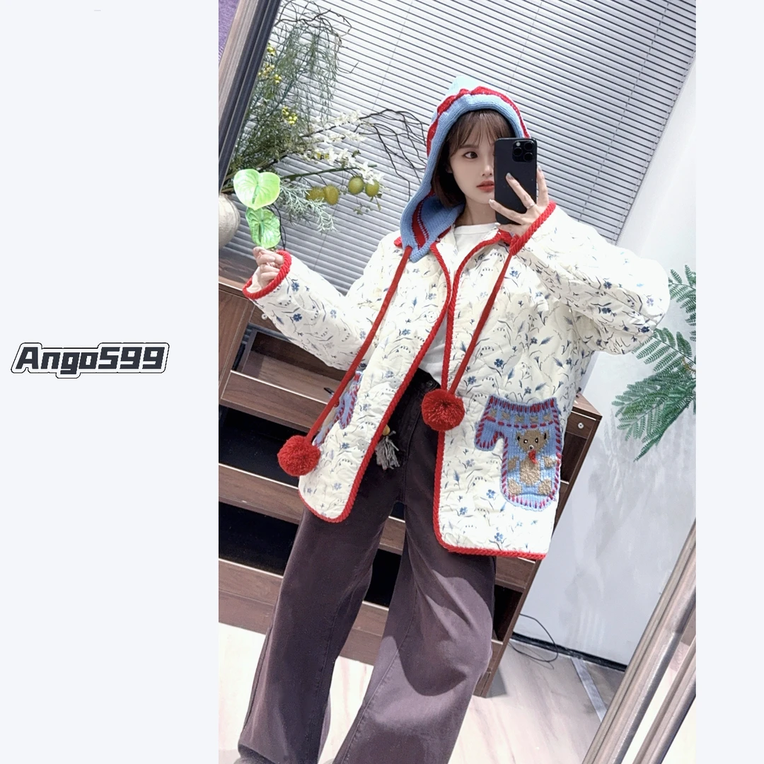 小熊手套*冬季新款毛织连帽加厚保暖宽松棉服外套女