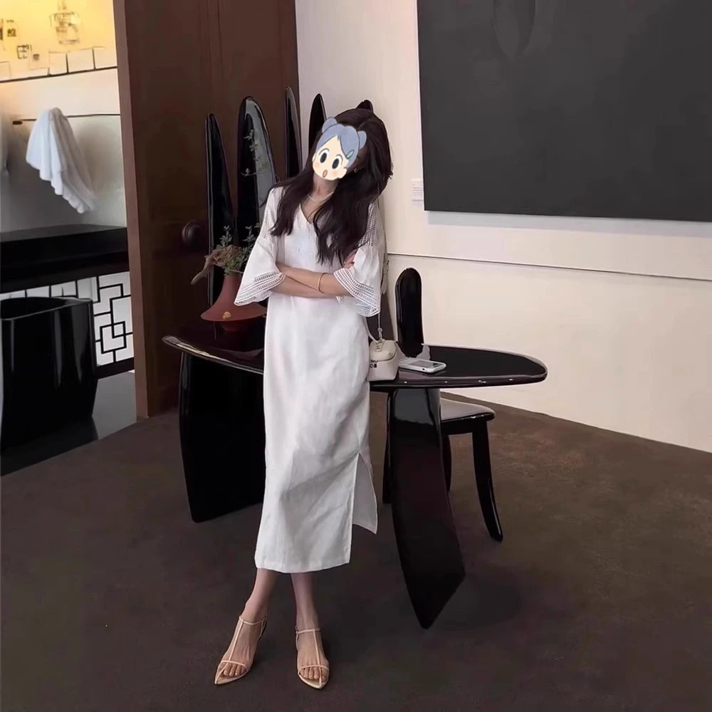 法式简约休闲宽松连衣裙2025春夏新款气质显瘦高级感小众开叉长裙