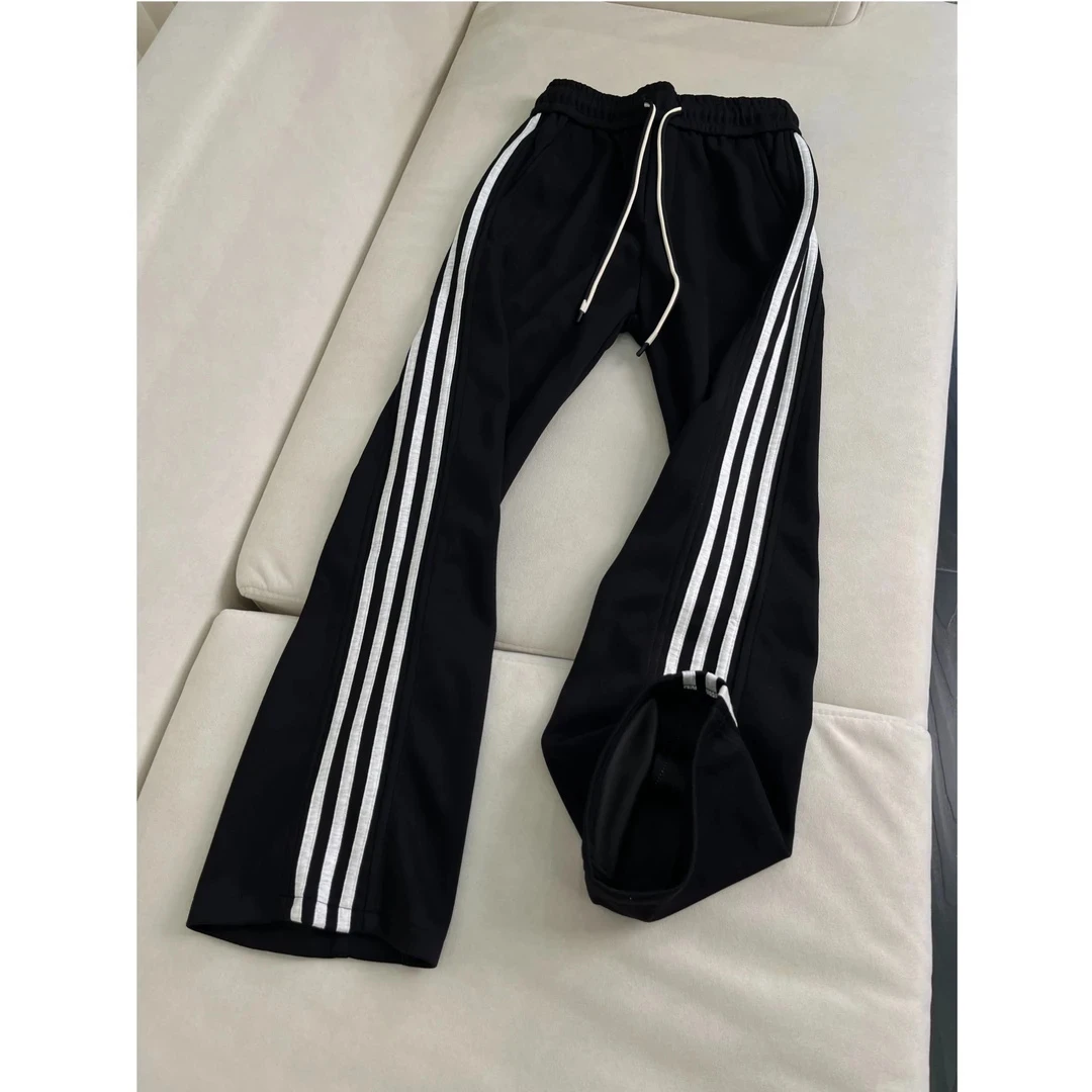 vintage黑色三条杠弯刀裤子男女高级感直筒微喇长裤美式运动卫裤