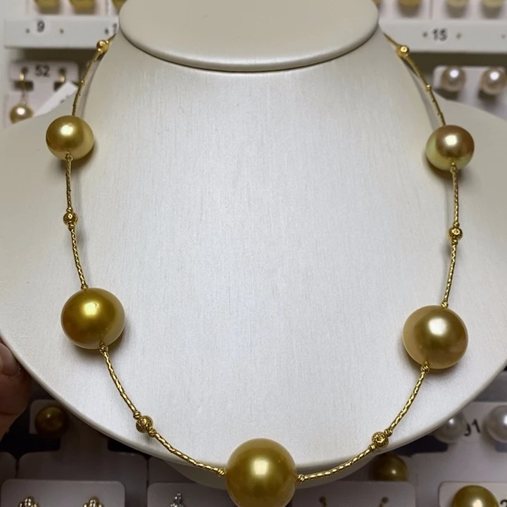 海水珍珠金珠项链18K金镶嵌
