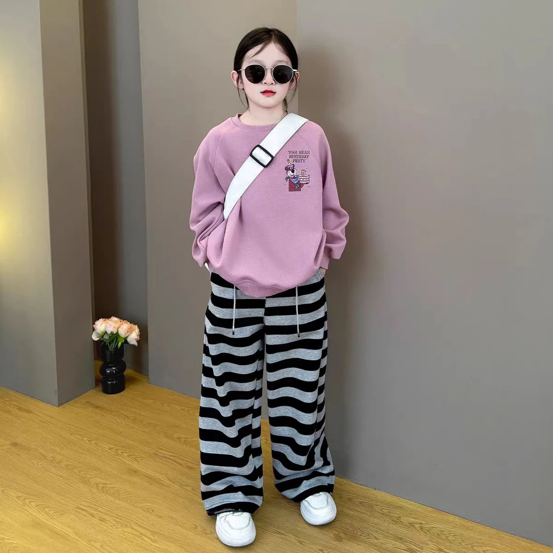 女童2025新款韩版洋气春秋季时尚卫衣休闲宽松直筒条纹裤套装潮酷