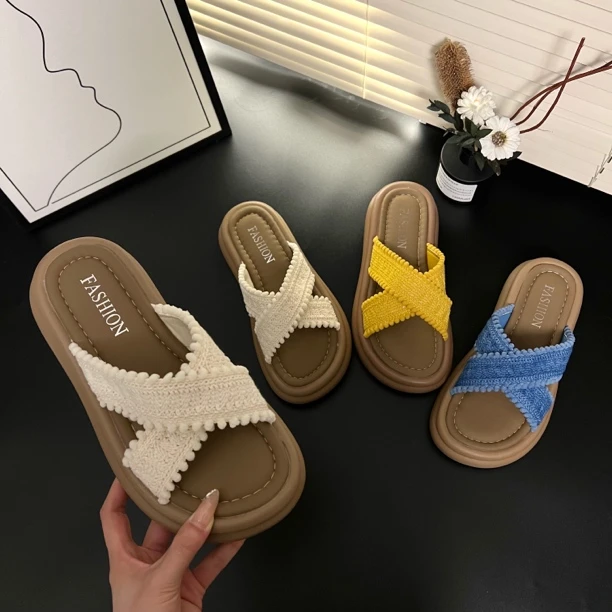 夏季ins仙女风拖鞋女 厚底交叉带拖鞋沙滩一字拖百搭防滑