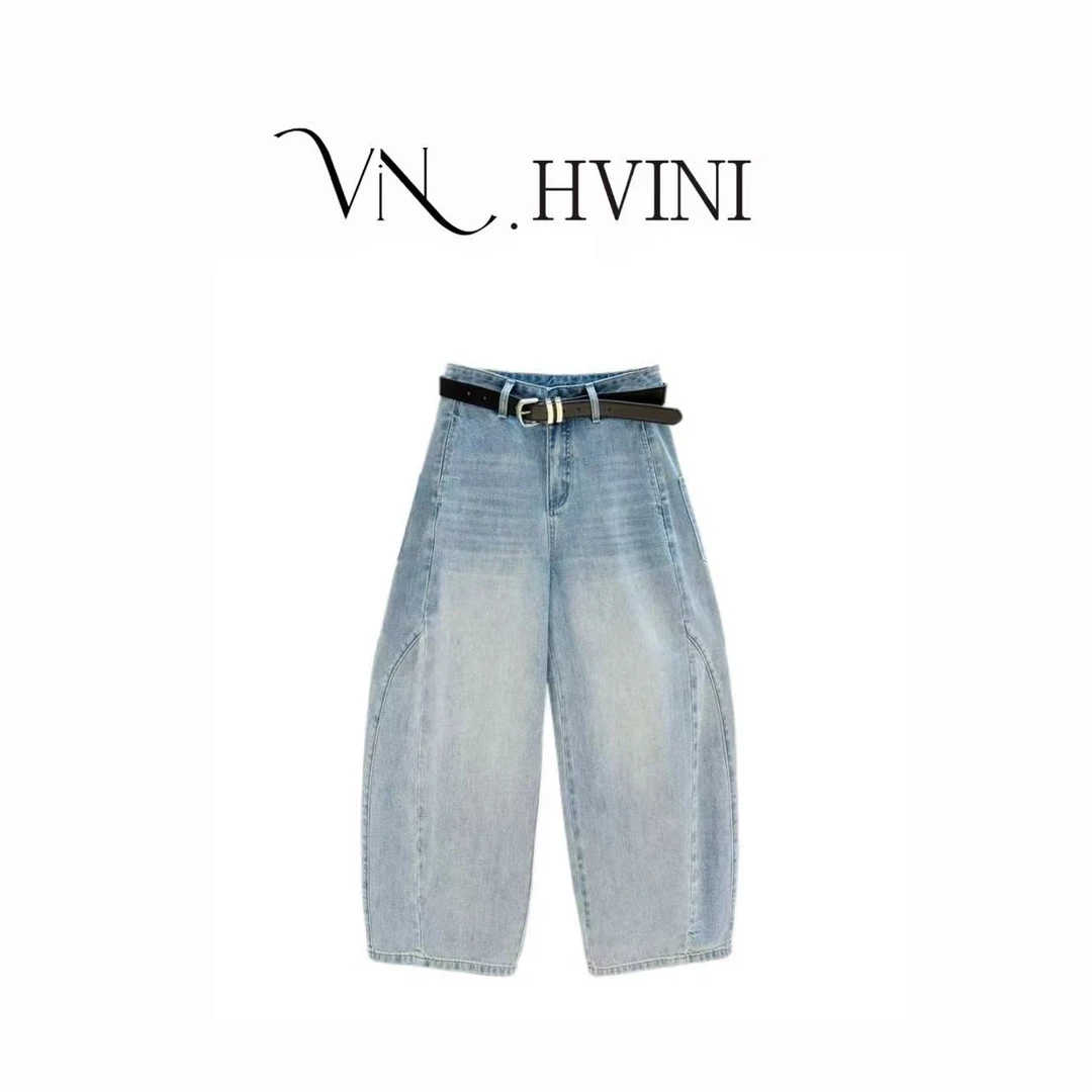 【旧港微风】2025夏季新款休闲花苞工装牛仔八分裤H3249