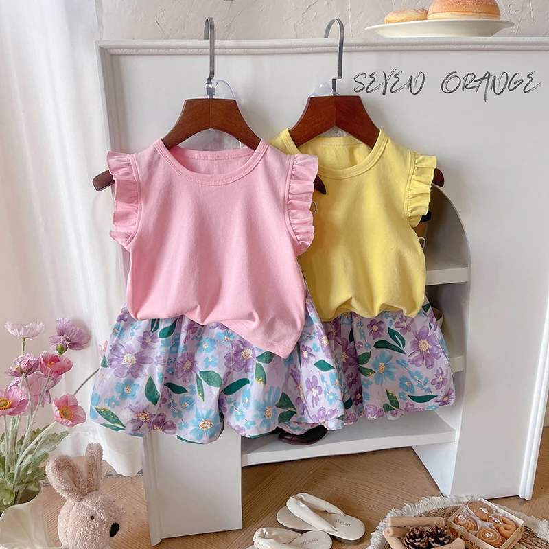 女薄款童装碎花公主风公主套头小童女宝夏装婴儿夏季套装洋气无袖