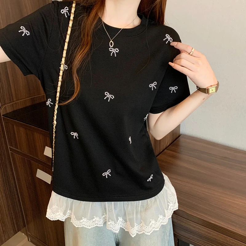 大码蝴蝶结蕾丝拼接正肩短袖T恤女夏季胖MM宽松显瘦百搭洋气上衣