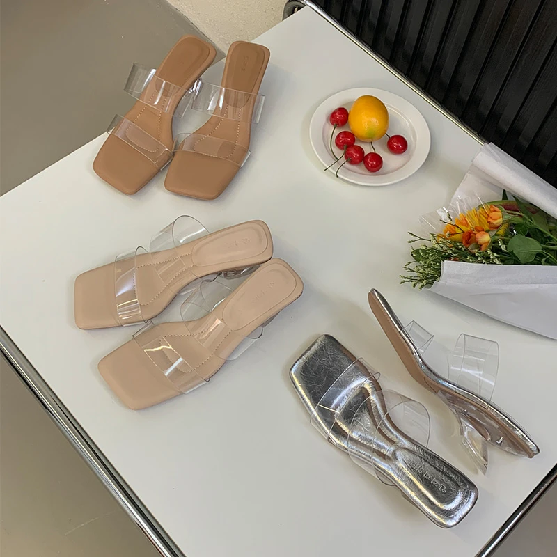 方头透明一字拖凉拖鞋女夏外穿时尚配裙子2025新款透明粗跟高跟鞋