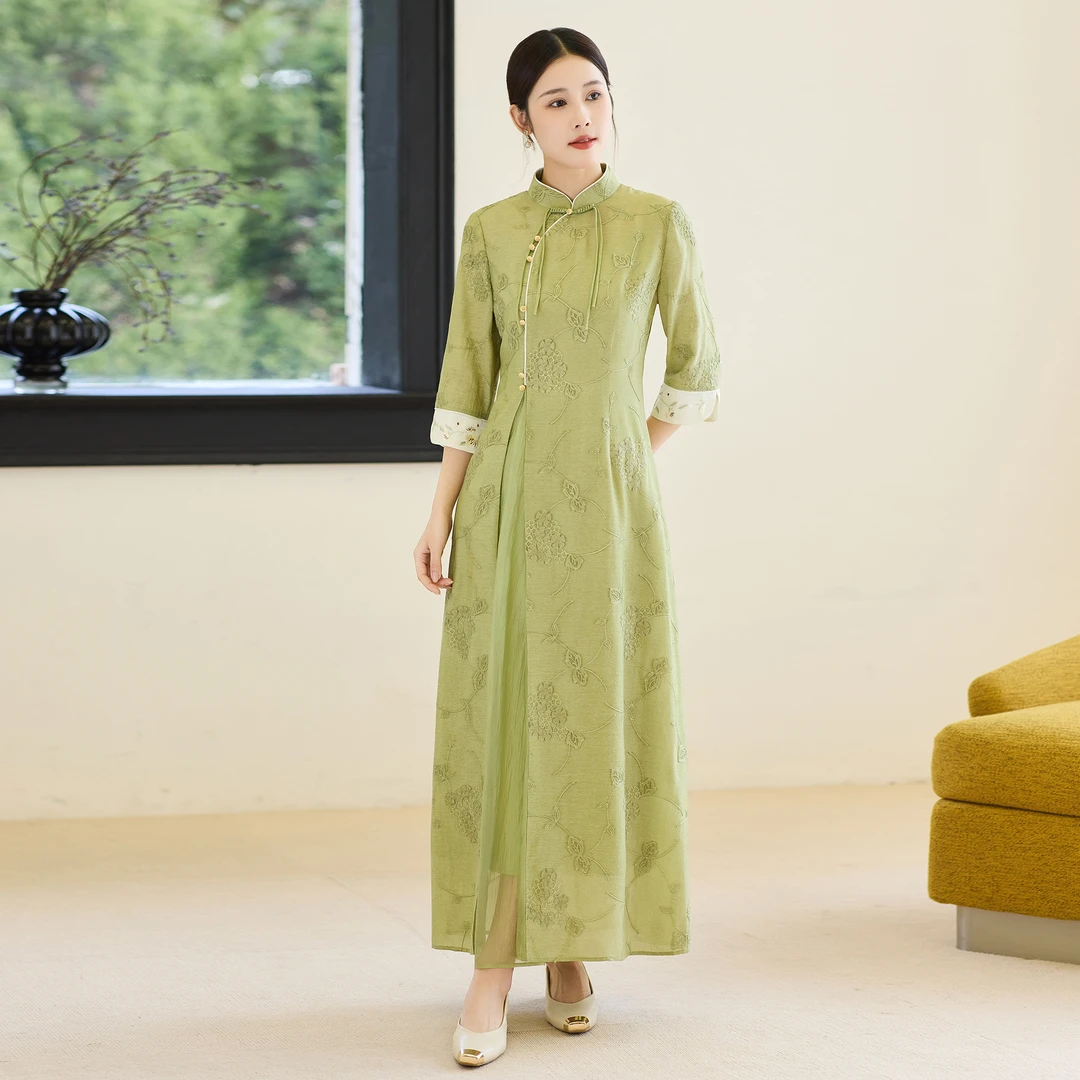 H054新中式国风旗袍轻奢高级感连衣裙茶服新款复古改良夏季日常裙