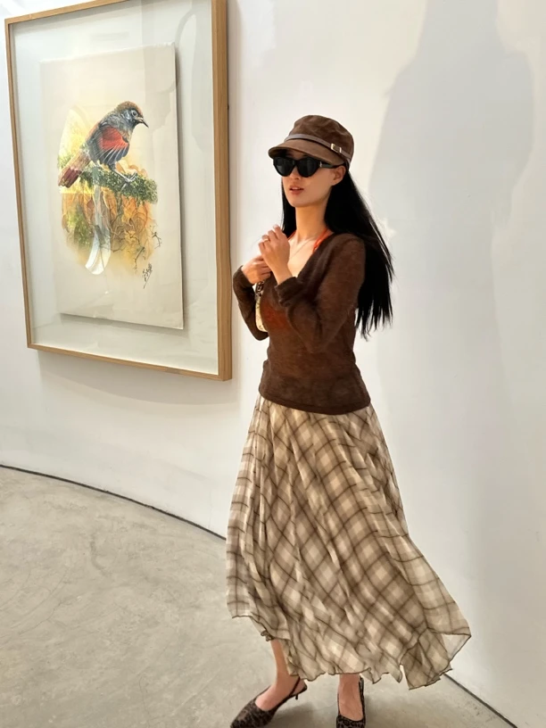 秋冬/【特价，不退换】法式垂感飘逸棕色格纹中长半身裙半裙显瘦格子