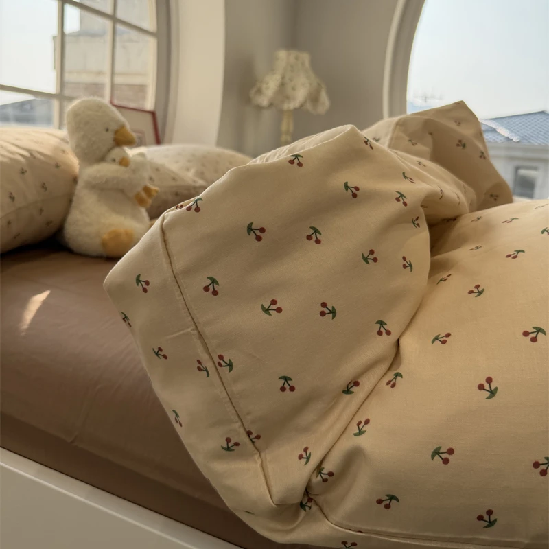 易安阁ins少女心田园小樱桃粉双层纱纯棉床上四件套1.5m1.8三件套