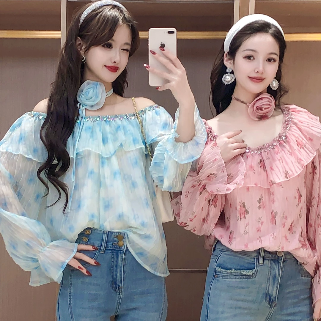 艾日秀夏季法式一字肩碎花百搭洋气长袖雪纺衫花朵休闲上衣E9670