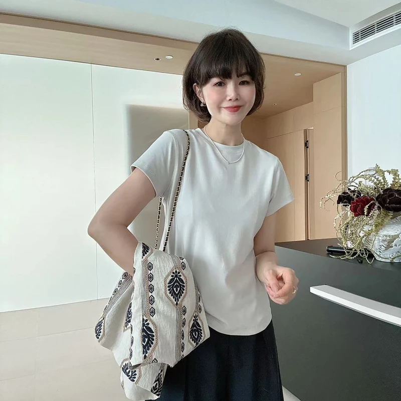 春夏纯色正肩百搭简约圆领弹力修身显瘦短袖T恤