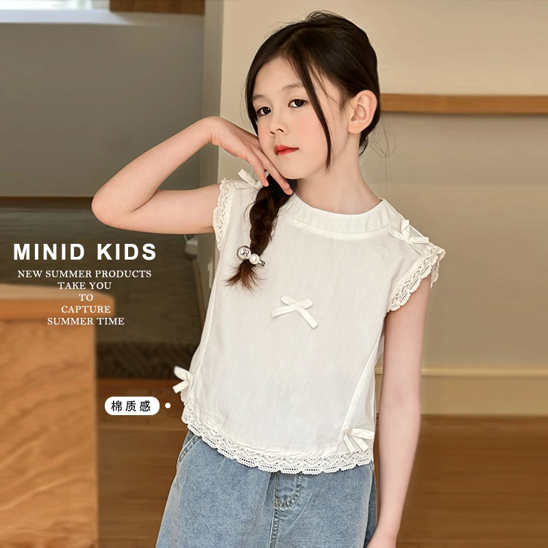 mini旦童装女童短袖T恤夏季新款儿童韩版蝴蝶结透气无袖花边上衣