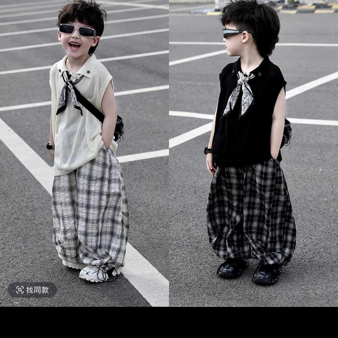 儿童老钱风无袖套装2025新款儿童翻领无袖背心格子休闲防蚊裤套装