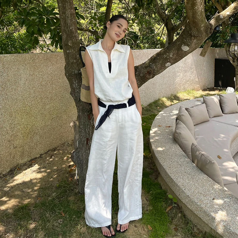 PURITY YH 小众简约白色气质时尚休闲裤阔腿百搭高腰直筒长裤女
