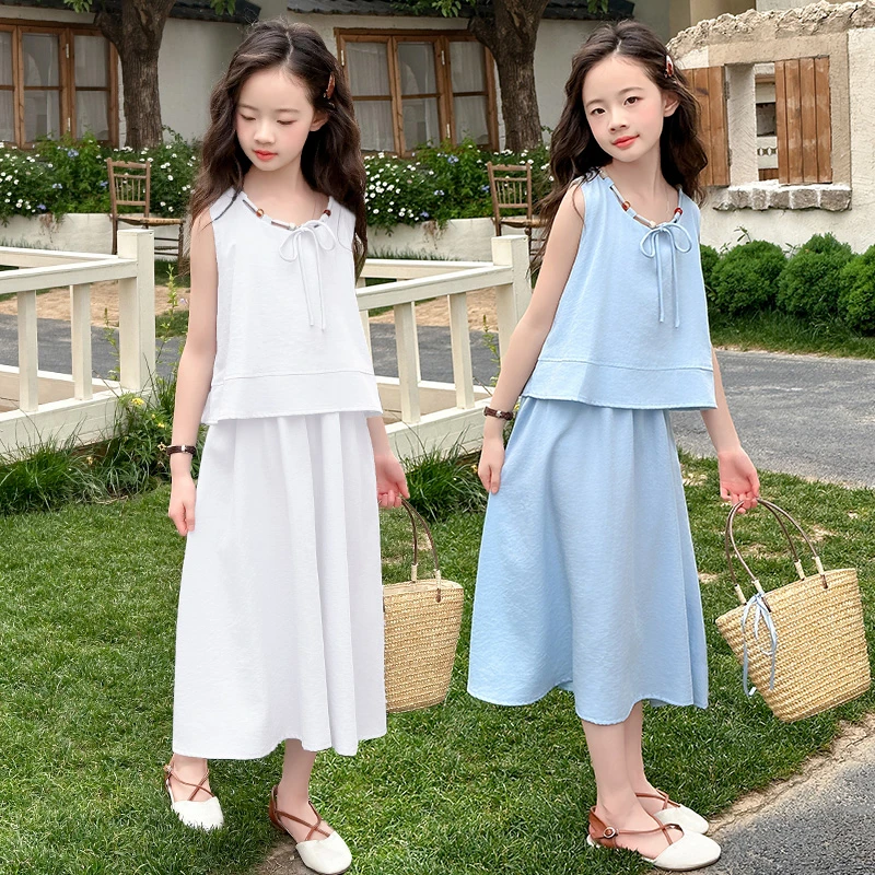 女童夏装无袖连衣裙2025新款洋气女大童夏季假两件裙子儿童背心裙