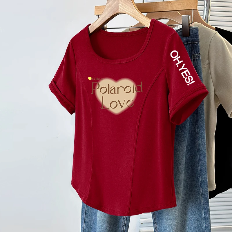 方领夏季新款胖mm宽松显瘦休闲百搭时尚弧形设计感印花小众T恤衫