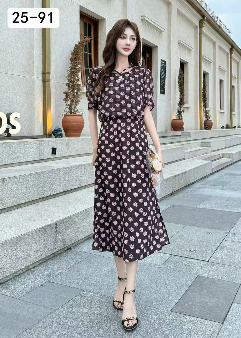 夏季法式轻奢收腰印花立领中长款碎花连衣裙女出游必备