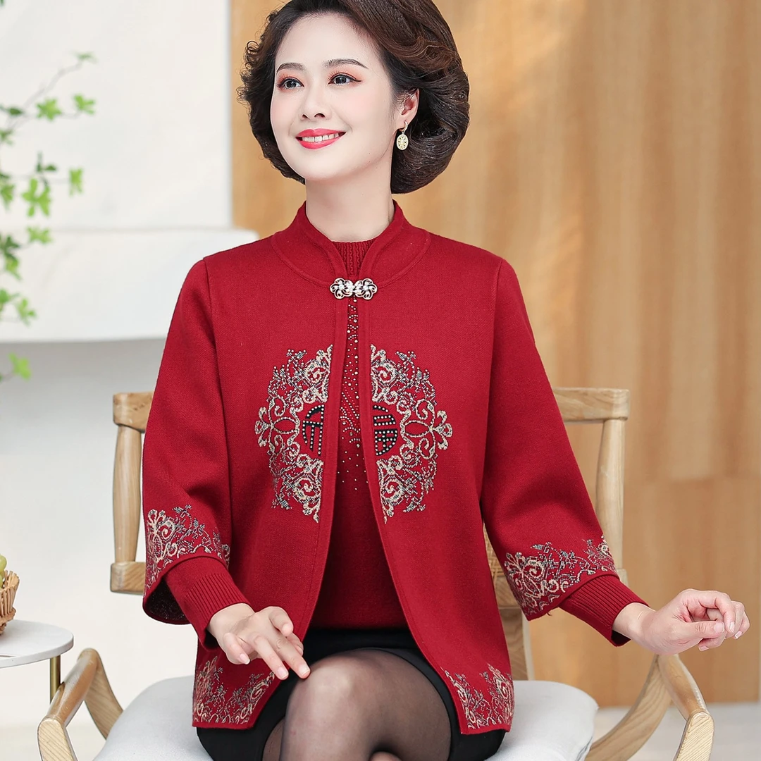 H8888妈妈秋季两件套装喜庆唐装中老年女秋冬装加绒加厚毛衣外套