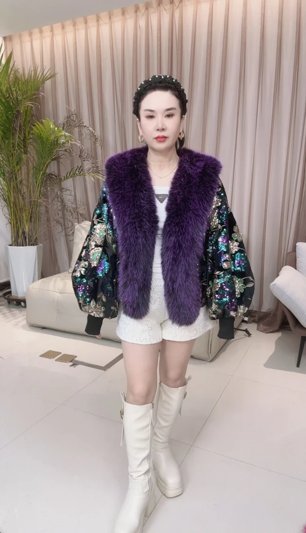 2460冬季新款设计师款重工亮片冬季保暖毛毛外套