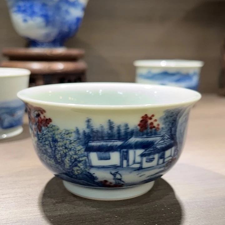 手工绘画青花釉里红如是杯