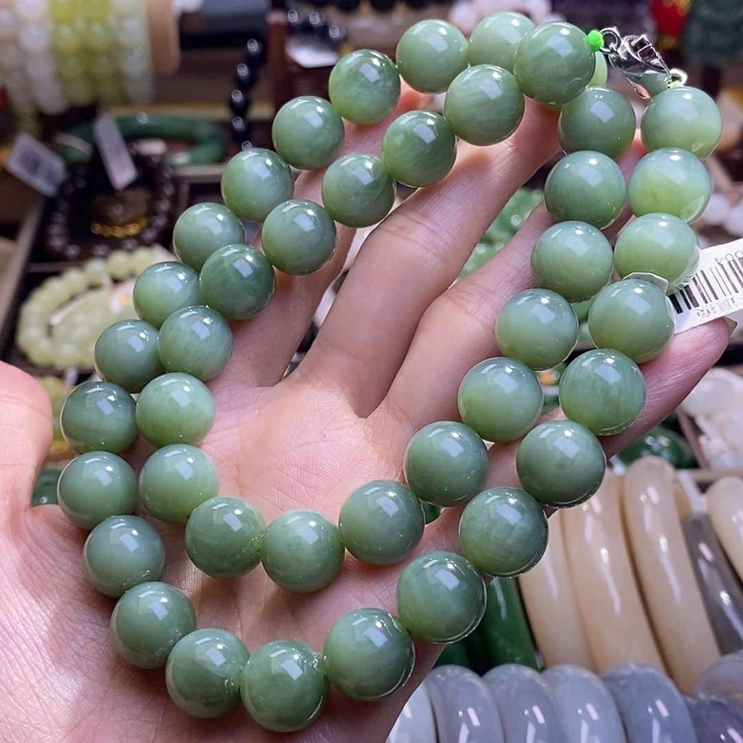 和田玉未镶嵌颈饰碧玉银镶粉青猫眼妈妈链12MM