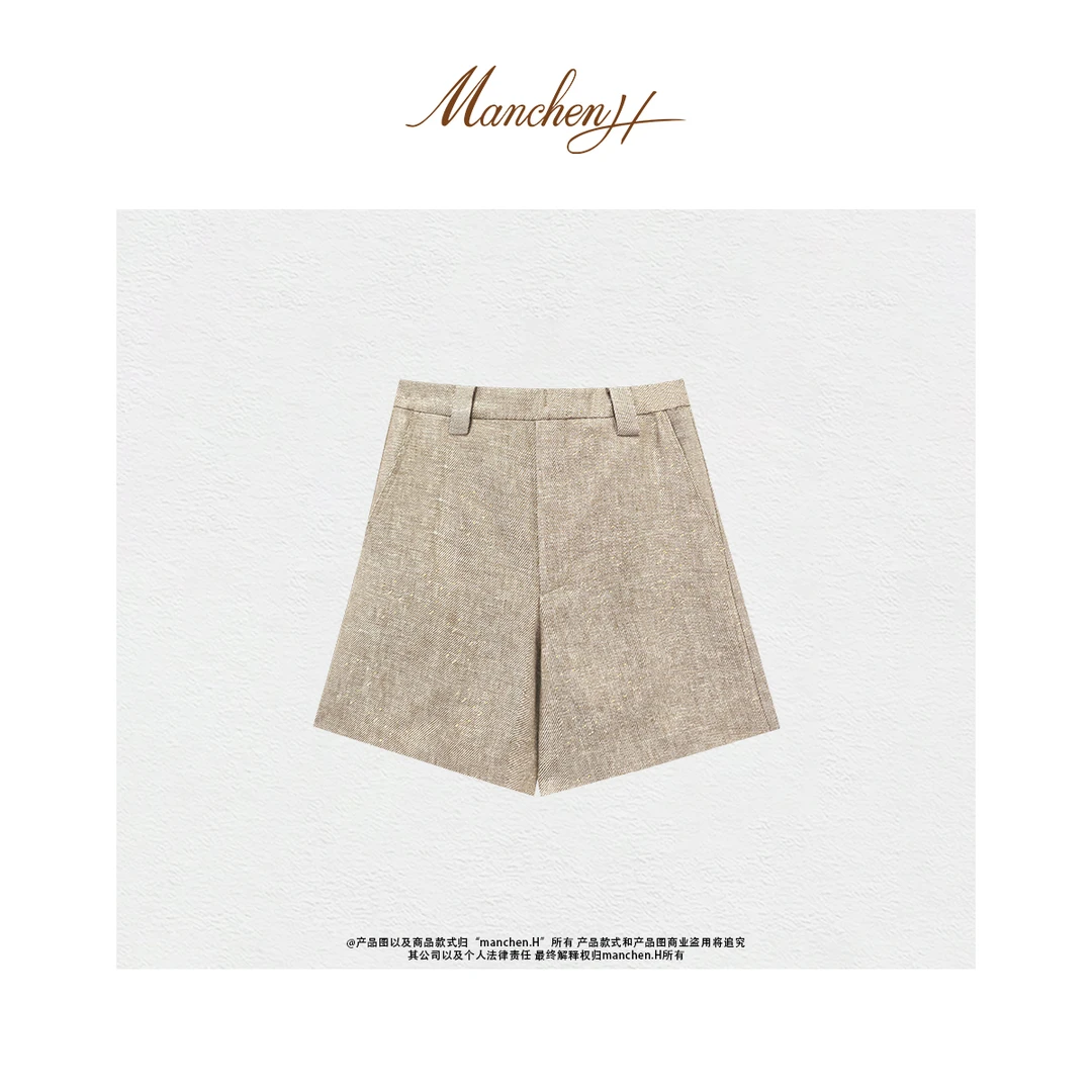 曼辰manchenh"鎏金百慕大"法国进口金丝亚麻老钱风短裤