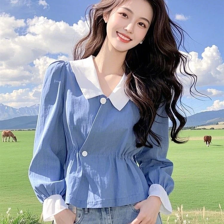 减龄洋气设计新款好看蓝色衬衫上衣独特长袖小众别致上衣