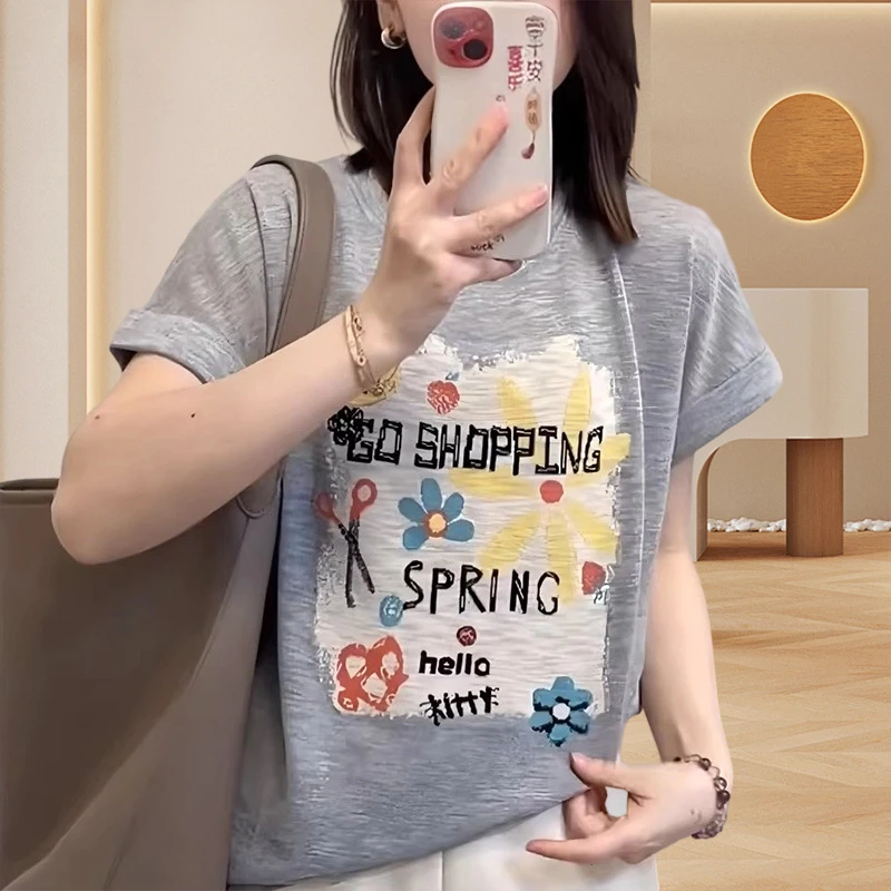 韩版百搭休闲圆领短袖女t恤夏季薄款宽松趣味卡通印花竹节棉T恤