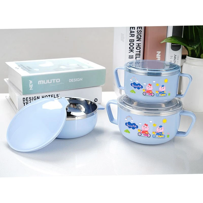 婴儿碗304不锈钢碗儿童双耳碗防摔防烫可爱吃饭餐具带勺盖创意