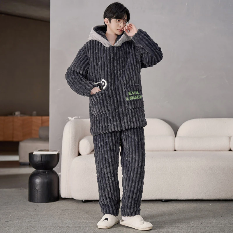 三层夹棉保暖睡衣男2025新款冬季加绒加厚沉稳深灰家居服套装