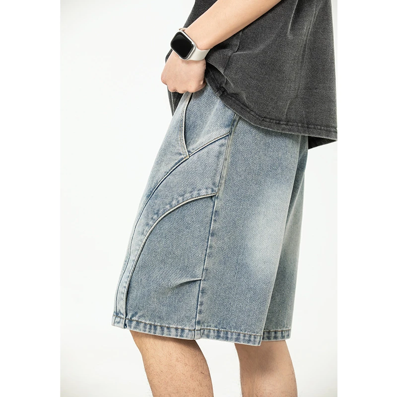 UM活页分割设计牛仔短裤夏季新款水洗做旧潮牌宽松休闲五分裤子