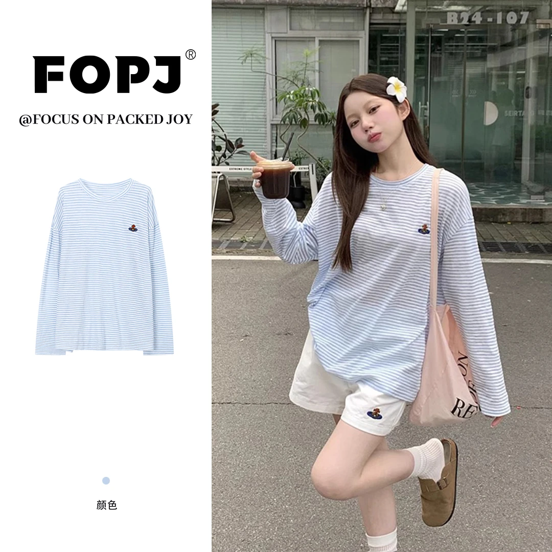 FOPJ刺绣美式复古条纹长袖T恤洋气衣服女夏季宽松慵懒ins防晒罩衫