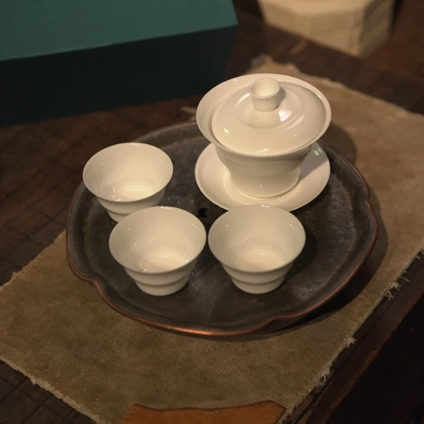 白瓷盖碗潮州骨瓷盖碗鸡蛋壳杯若深杯功夫茶具一壶三杯
